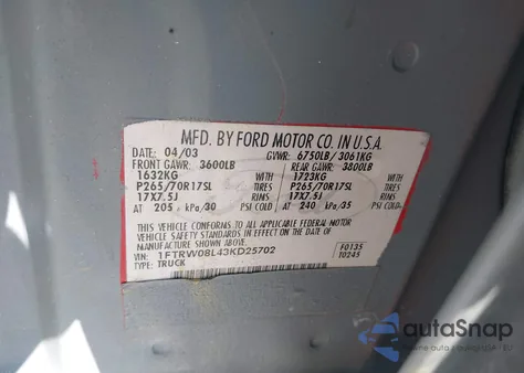 2003 Ford F-150 Lariat/Xlt from USA, damaged, VIN 1FTRW08L43KD25702